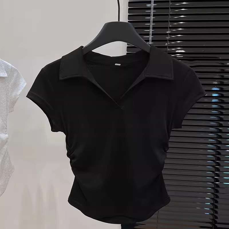 Cotton Summer Sexy Women's T Shirt Skinny Slim Basic Solid Crop Top Short Sleeve Polo TShirtCasual Top Tee for Women
