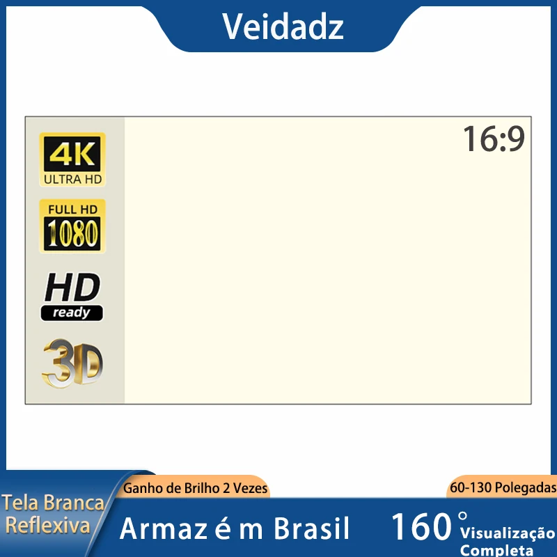 Veidadz tela para projeção de 60 72 84 100 120 130 polegadas tela projetor 16:9 branca grade anti-luz Ângulo de visão de 160° Portátil dobrável tela reflexiva de projeção para tela de filmes para home theater