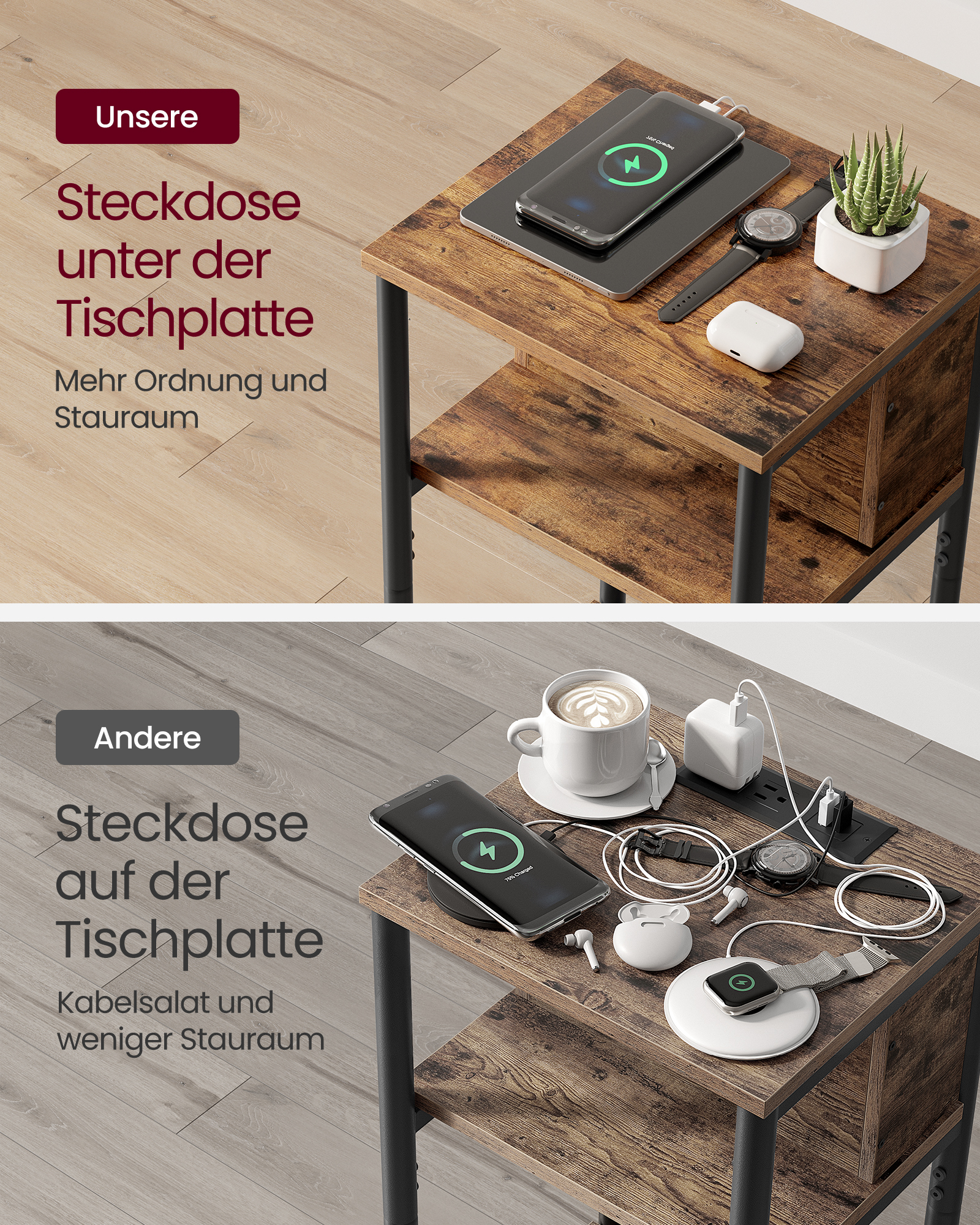 VASAGLE Beistelltisch, Nachttisch mit Steckdose, schmal, 2 AC-Anschlüsse, 2 USB-Anschlüsse, 30 x 34 x 58 cm, für Wohnzimmer
