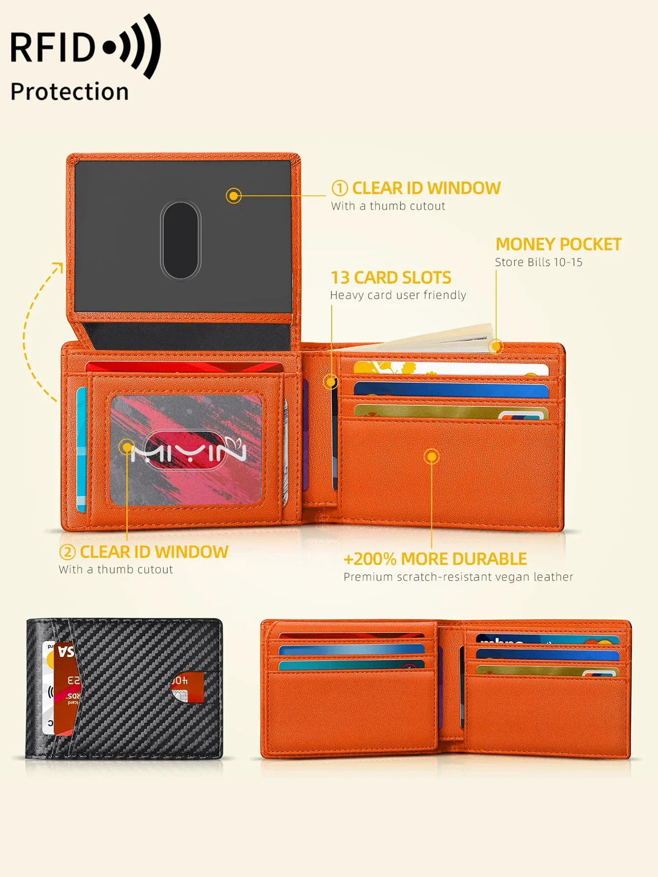 RFID Blocking Ultra Thin Trifold Wallet Carbon Fiber Pattern Credit Card Holder with 2 ID Windows Multiple Card Slots
