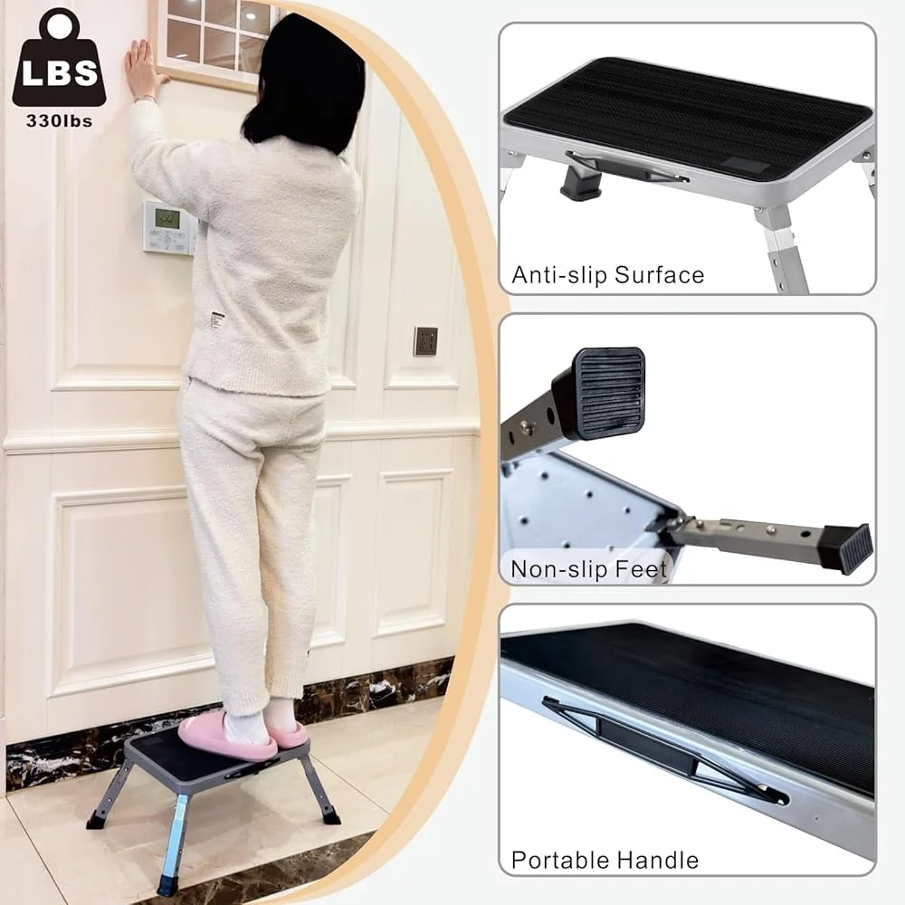 Folding Step Stool RV Adjustable Height Portable Metal Step Ladder Non-Slip Surface Heavy Duty Stepping Stool Indoor Outdoor Use