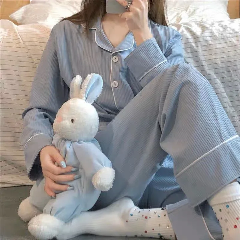 Pyjama de couleur unie pour femmes, costume de maison pour filles, manches longues, vêtements de nuit de loisirs, rayés, nouvelle collection automne et hiver 2025