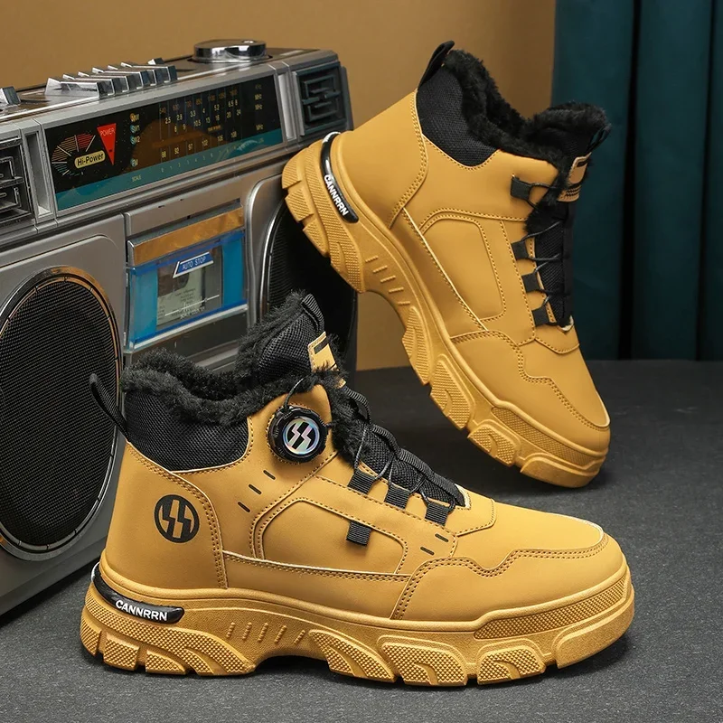 Botas de plataforma alta masculina inverno ao ar livre proteção contra frio botas de algodão quente moda botão rotativo botas de trabalho versáteis dos homens