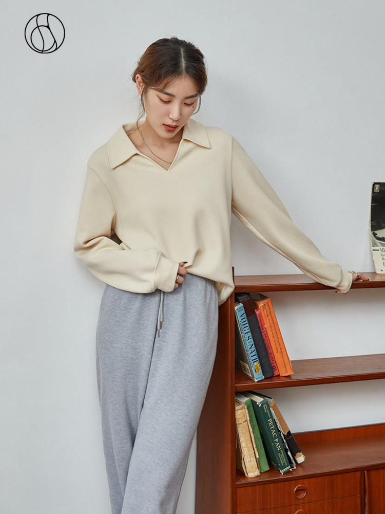 DUSHU, sudaderas para mujer, jersey para mujer, Tops negros con cuello en V, Top holgado de manga larga, sudadera de algodón Beige gruesa y cálida que combina con todo