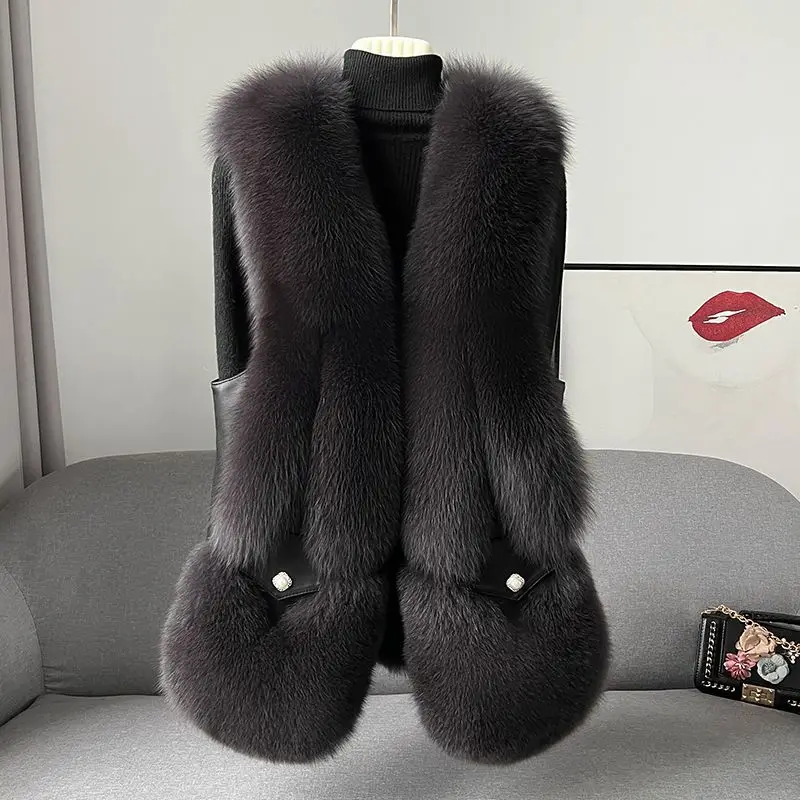 2023 neue Fuchs pelz Gras weste Damen mittellanges Leder und Fell einteiliger echter Woll-Tanktop