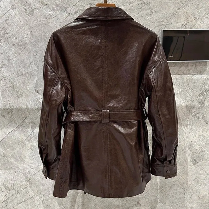 Tenues 2025 nouveau coupe-vent en cuir de cire d'huile importé femmes rétro marron décontracté mi-longue veste avec ceinture Abrigo Mujer