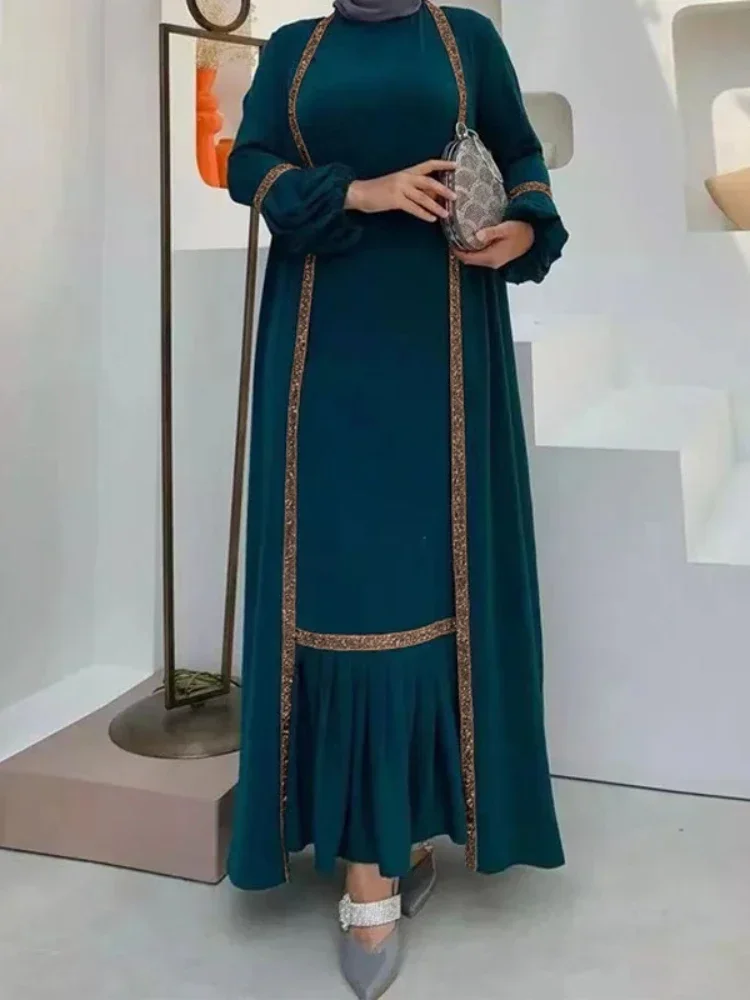 イスラム教徒の女性のためのヒジャーブドレス,2ピースセット,長袖,ランタンマキシ,アバヤ,着物,大きなスイング