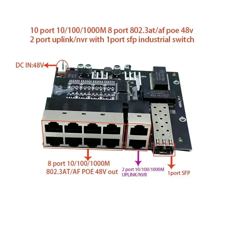 10 портов 10/100/1000 м 8 портов 802.3at/af poe in/out 48 В с 2 портами uplink/nvr с 1 портом sfp промышленный коммутационный модуль