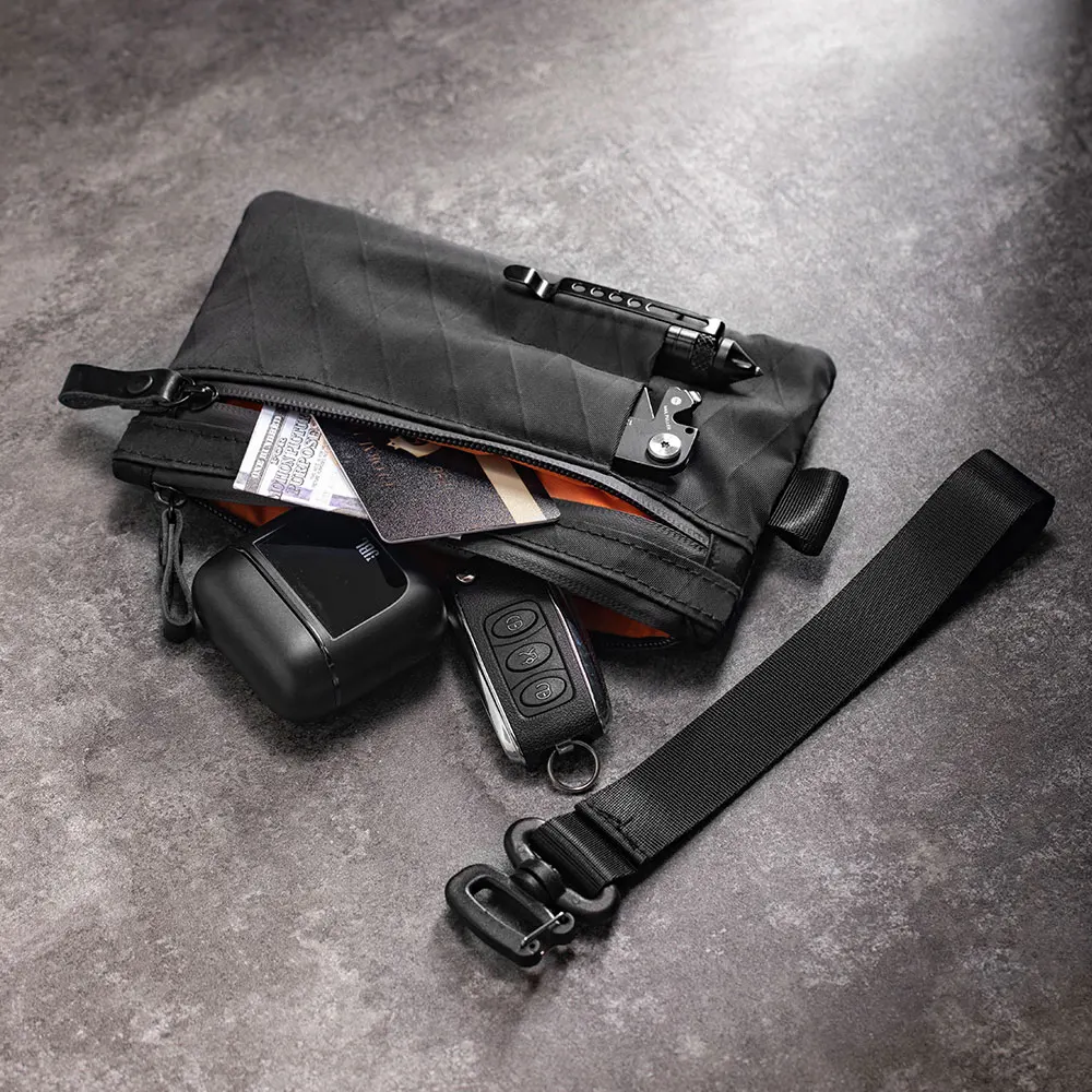 Embrague con cremallera con pulsera, porta pasaporte, cartera con cremallera y portador EDC, resistente a la intemperie y con bloqueo RFID, 3 ranuras externos