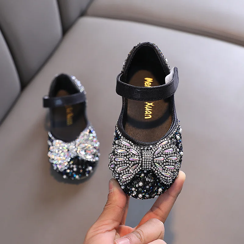 Little Girls รองเท้าหนังเด็ก Rhinestone Bowtie ชุดเจ้าหญิงรองเท้าเด็กสบายๆรองเท้า Party รองเท้าขนาด21-36