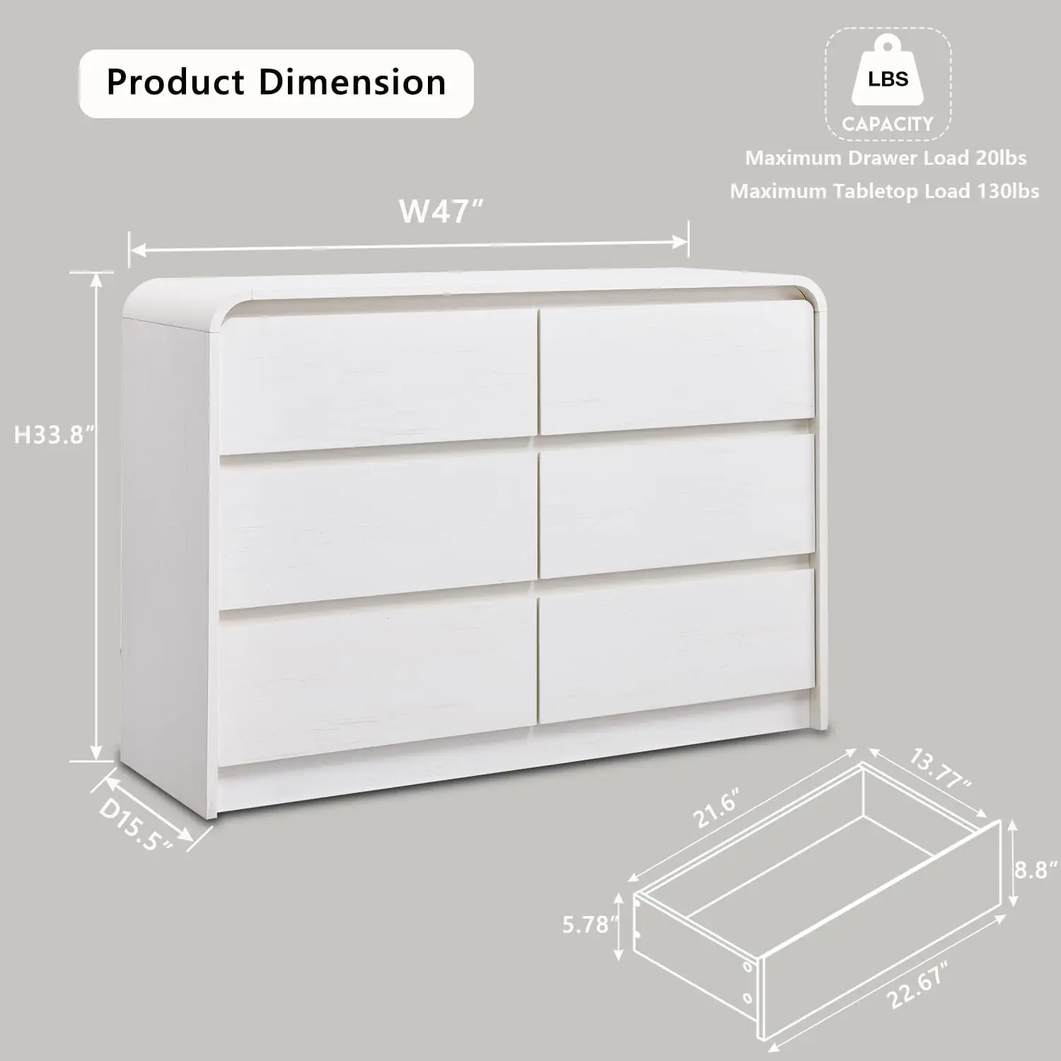 Modern 6 Drawers Dresser, 47" Wide Wood Dressers & Chests of Drawers w/Curved Profile Design, Natural Texture for Bedroom.