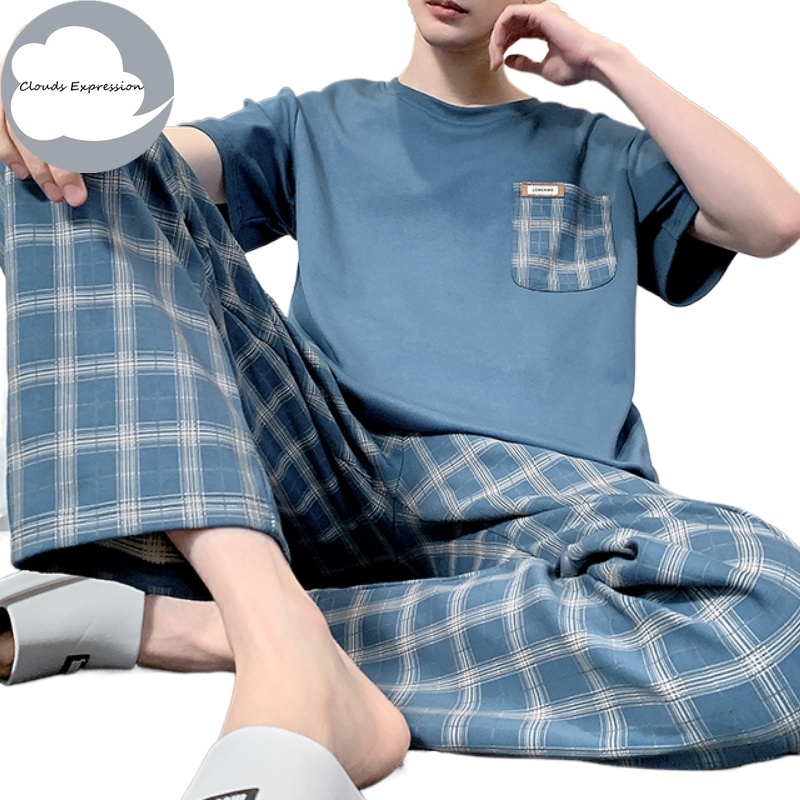 Pijamas de punto a cuadros para hombre, Pijamas informales, Tops cortos + conjuntos de pantalones largos, ropa de dormir para hombre, Pijamas 4XL Homewea