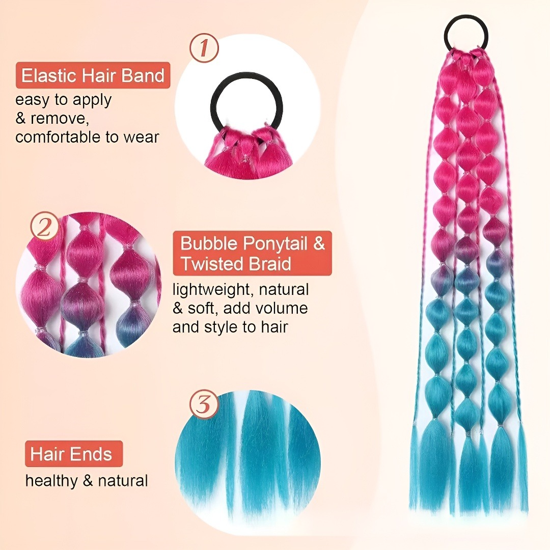 Syntetyczny doczepiany kucyk 1 szt. Kolorowy warkocz bąbelkowy Długi warkocz latarnia z gumką do włosów Ombre Szalone akcesoria do włosów na specjalne dni