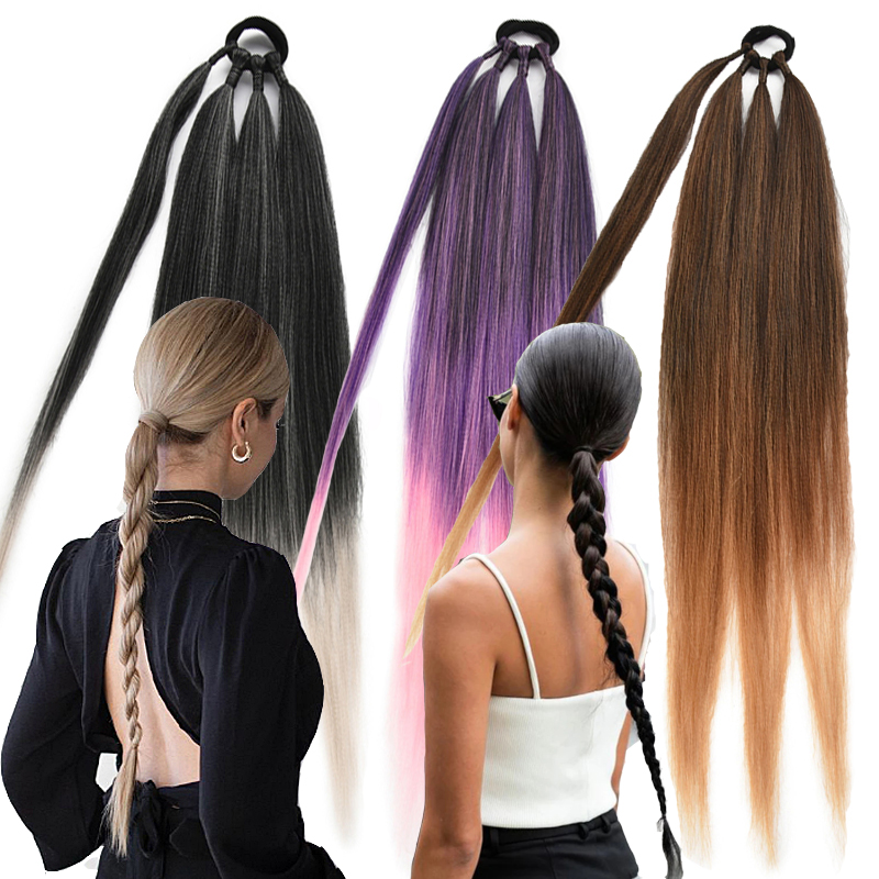 Extensiones de cola de caballo, trenzas de boxeo sintéticas, 26 pulgadas, envoltura marrón alrededor de cola de moño con banda de goma, Anillo para el cabello, cabello trenzado ombré