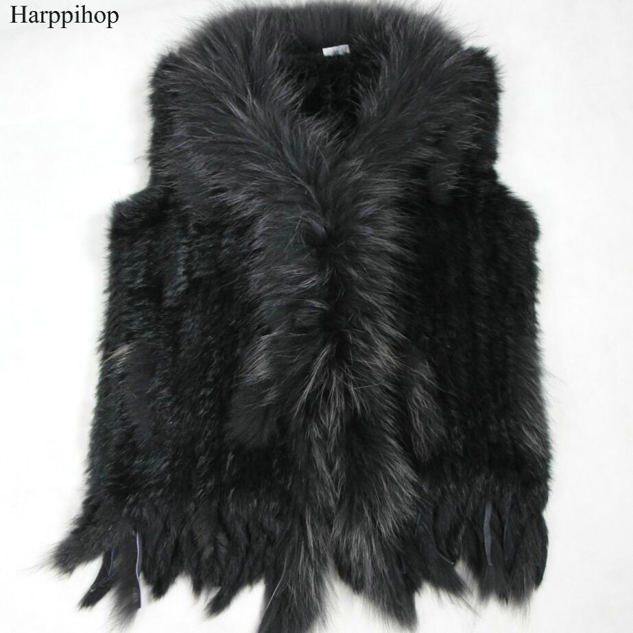 Harppihop-Real Rabbit Fur Vest com Raccoon Fur Collar para Mulheres, Colete, Casacos de Malha, Frete Grátis, Inverno