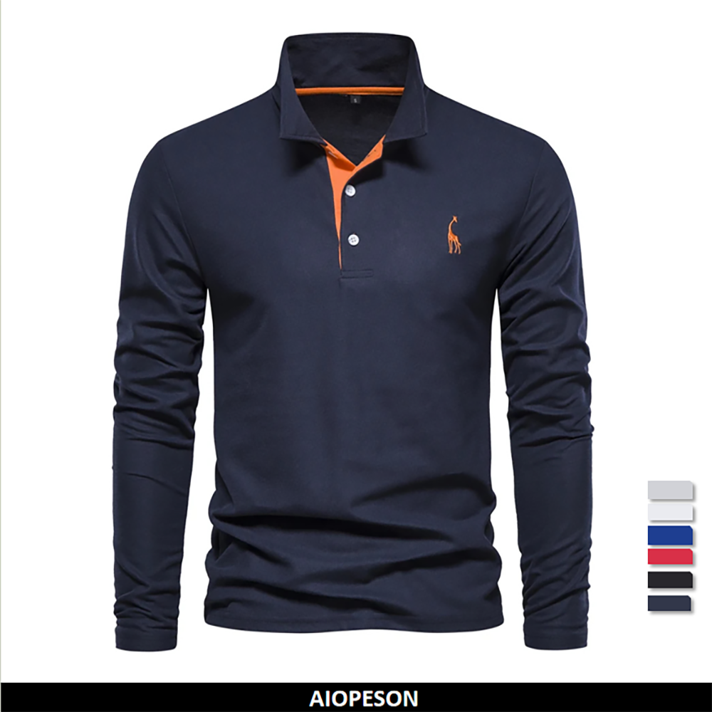 AIOPESON 2023 Neue männer Deer Stickerei Polo Shirts Einfarbig Langarm Social Business Männlich