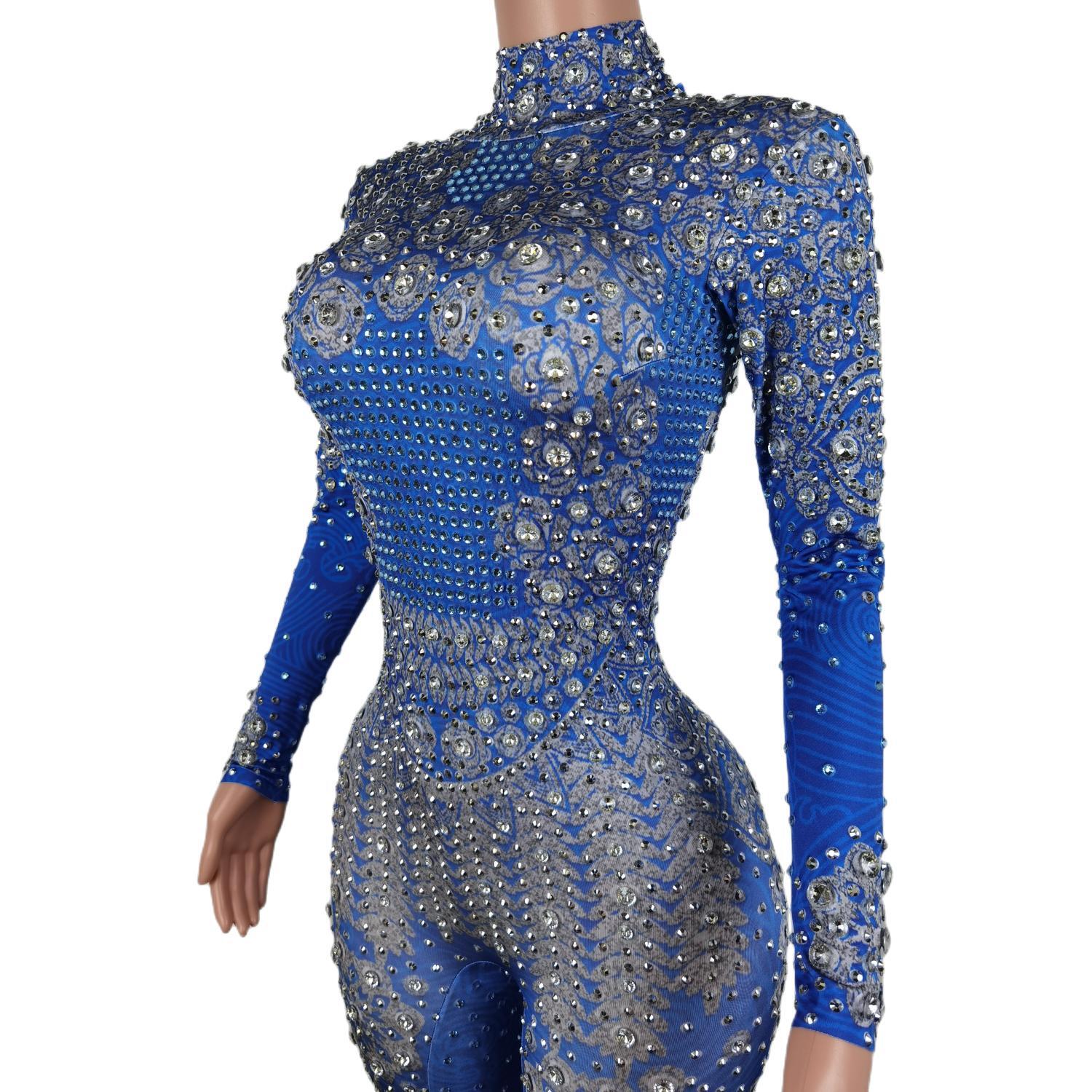 Mulheres Macacão de Strass Azul Brilhante, Leggings Elásticas, Fato Cantor, Festa de Aniversário, Clube, Roupa de Palco, Elastano