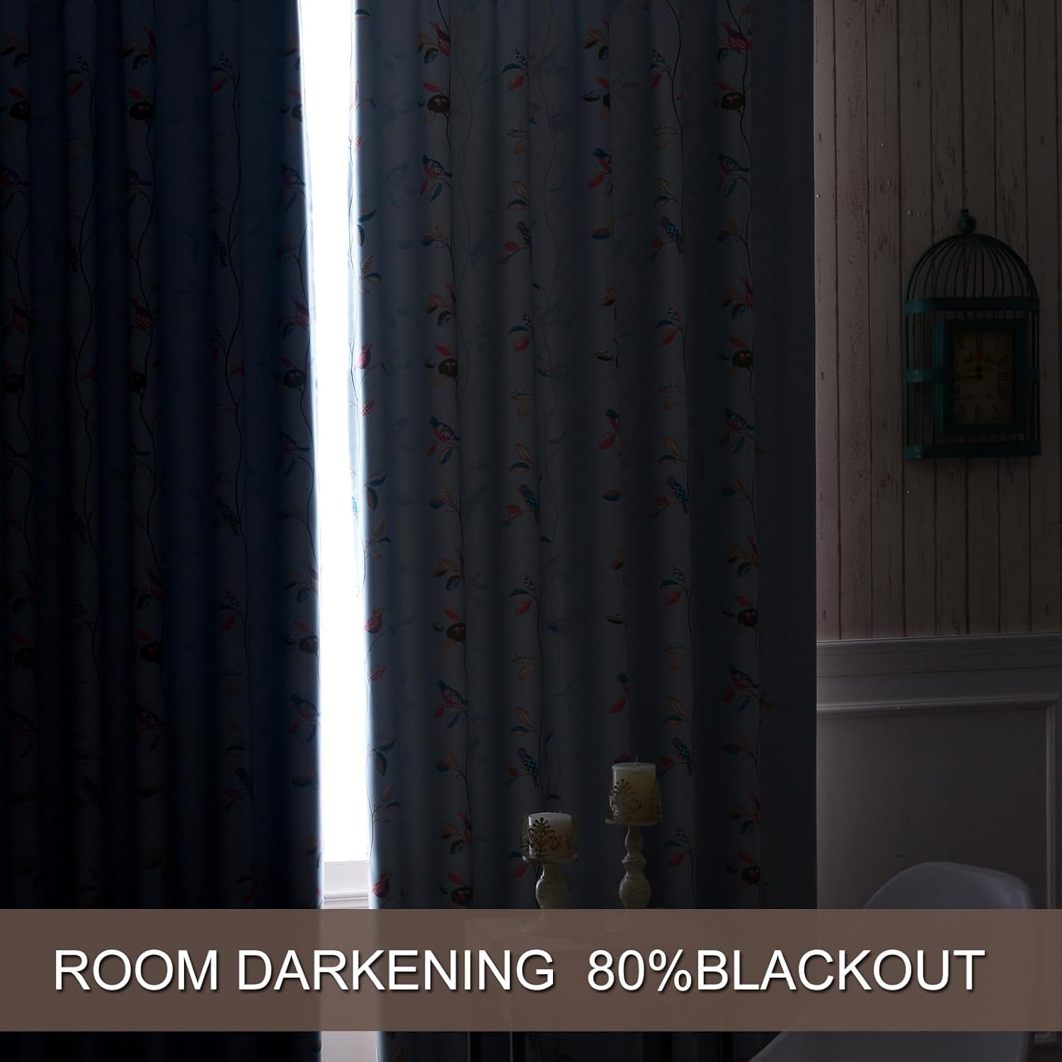 Cortinas opacas con patrón de pájaros de doble cara para sala de estar, estampado floral, vid, granja, oscurecimiento de habitac