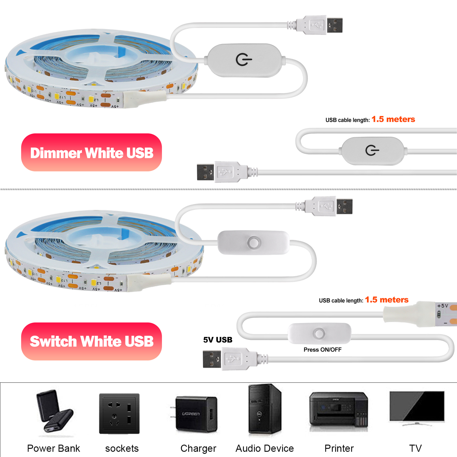 Bande lumineuse LED USB étanche, gradateur, interrupteur, blanc, bleu chaud, ruban adhésif, armoire, pièce, veilleuse, 1m, 3m, 5m, 5V, 2835, 60