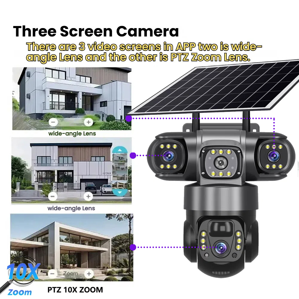ソーラーカメラ 4 グラム Sim 屋外 3 レンズ 3 スクリーン 10X ズーム PIR 人間検出カメラ防水ナイトビジョン CCTV セキュリティ保護