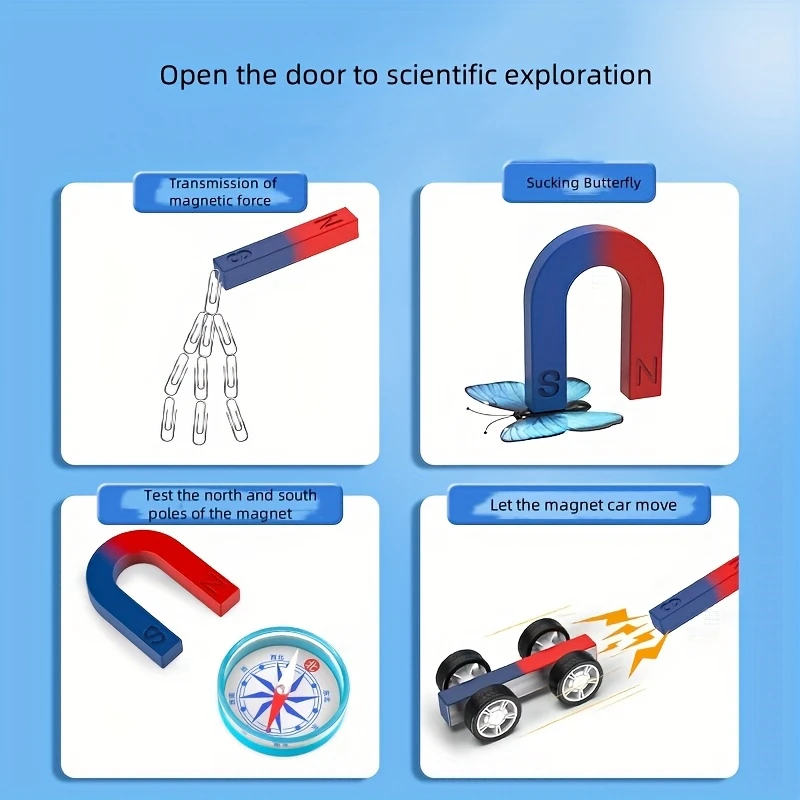 1 Set STEM Physics Science Magnet Kit For Kids Educational Experiment With Bar Ring Horseshoe U Shape Magnets And Compass