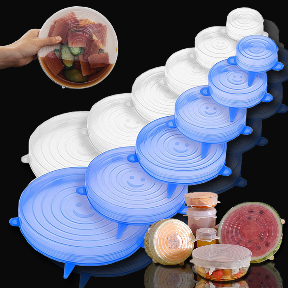 Tapas de silicona reutilizables, tapas de silicona adaptables para latas, platos de comida, accesorios de cocina para mantenimiento fresco, utensilios, 6 uds.