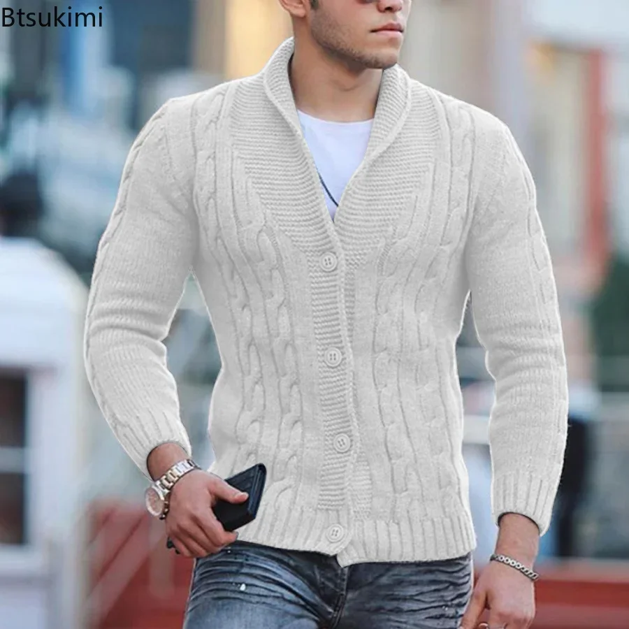 Herbst Winter männer Warme Gestrickte Pullover Solide einreiher Twisted Textur Strickjacke Revers Schlank Zugeknöpft Dicken Pullover Männlich