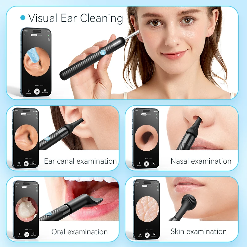 Remoção de cera de ouvido sem fio com câmera recarregável limpador de ouvido 8 megapixels câmera de verificação de ouvido com 6 pçs conjunto de colher de ouvido canal limpo