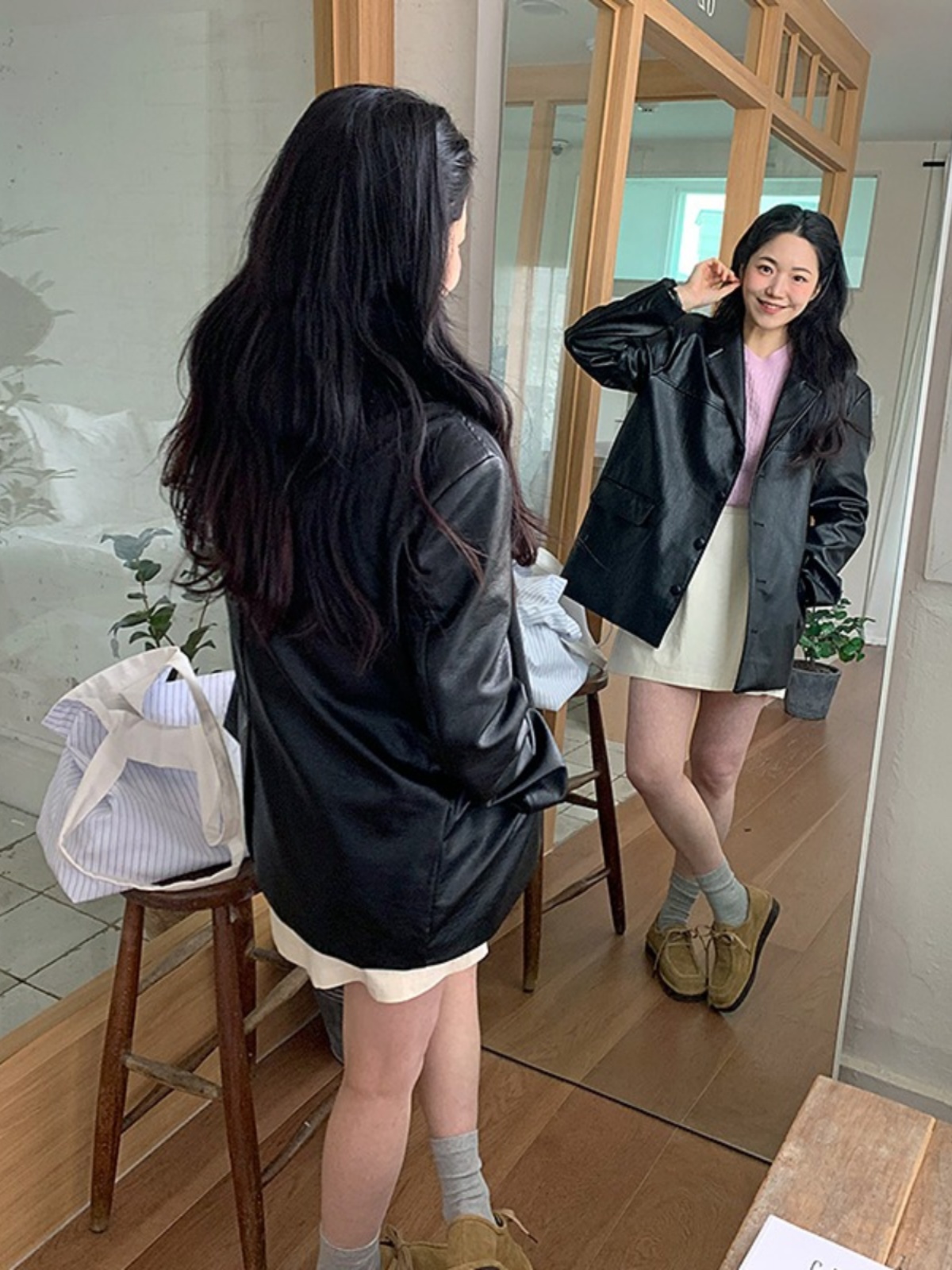 黒革ジャケットの女性の韓国スタイルの冬のファッションレトロスーツアウタールーズ多用途トップ PU 素材長袖