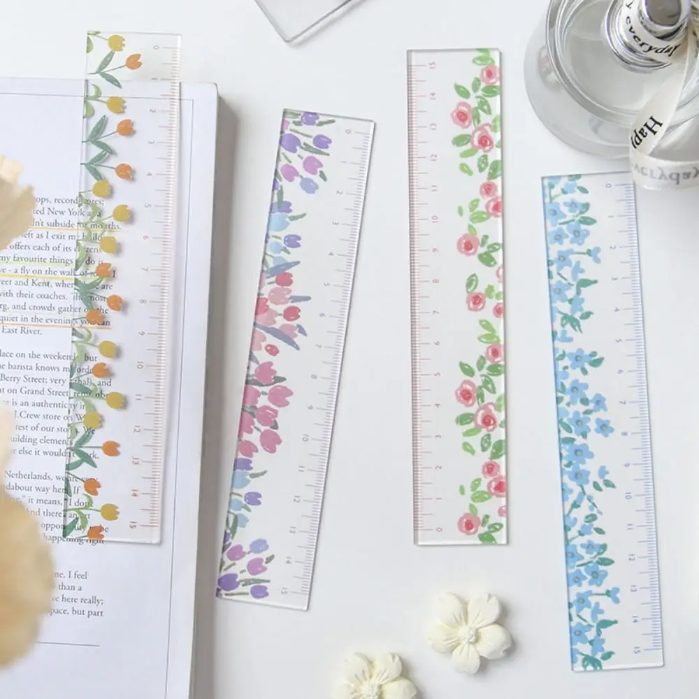 Creative Multifunction 15cm Straight Ruler Transparent Acrylic DIY Drawing Tools Tulip Double-duty Dividing Ruler Student