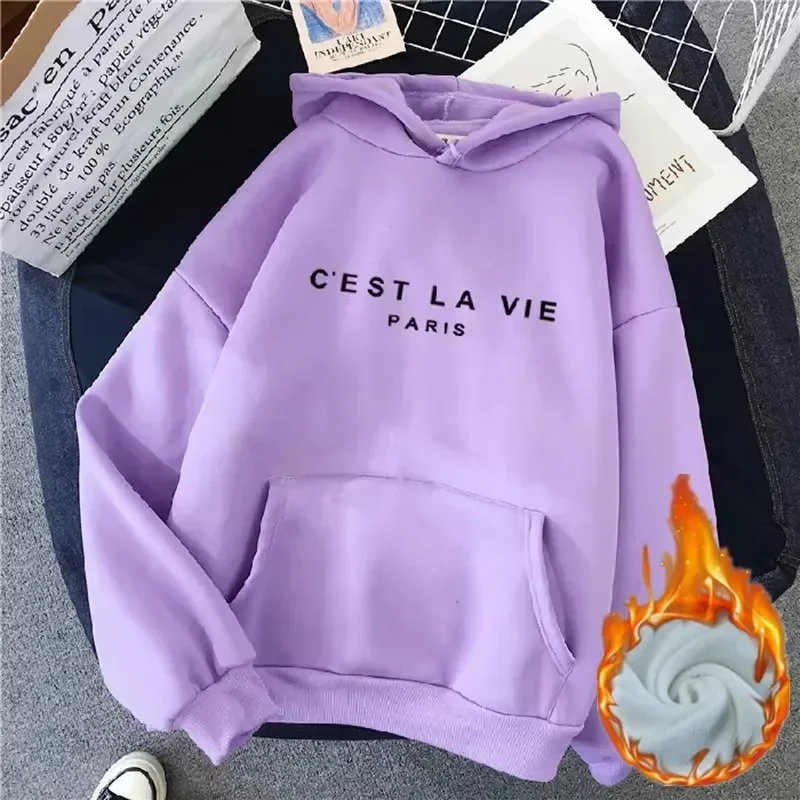 2024ฤดูใบไม้ร่วงฤดูหนาวผู้หญิงขนแกะHoodiesหนาหญิงแขนยาวHoodedเสื้อลําลองพิมพ์LadyหลวมPullover Tops