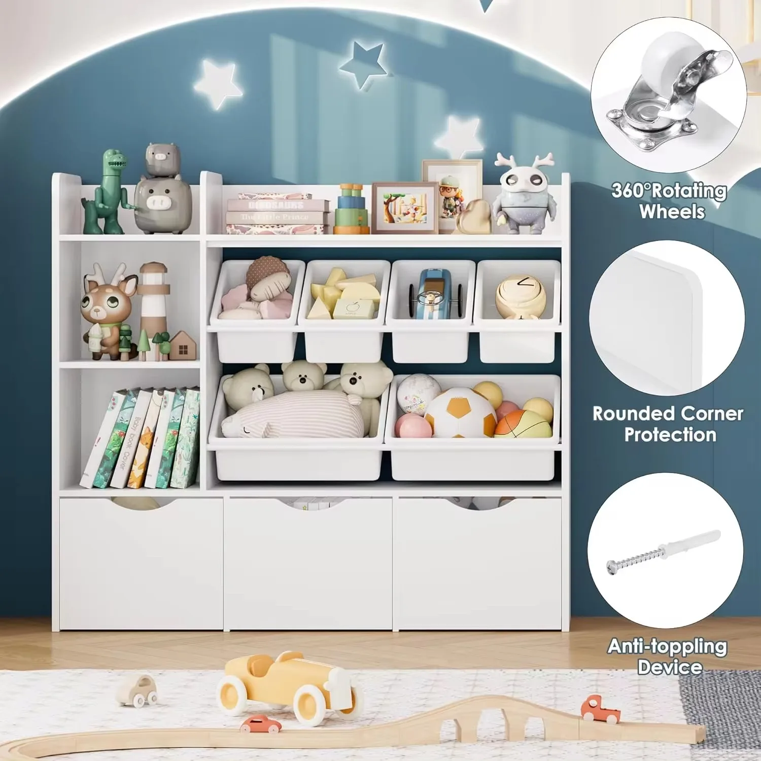 Toy Storage Organizer with 3 Drawers,Bookshelf and Bookcase with 6 Plastic Bins & 2 Storage Cubbies,Toy Storage Box for Playroom