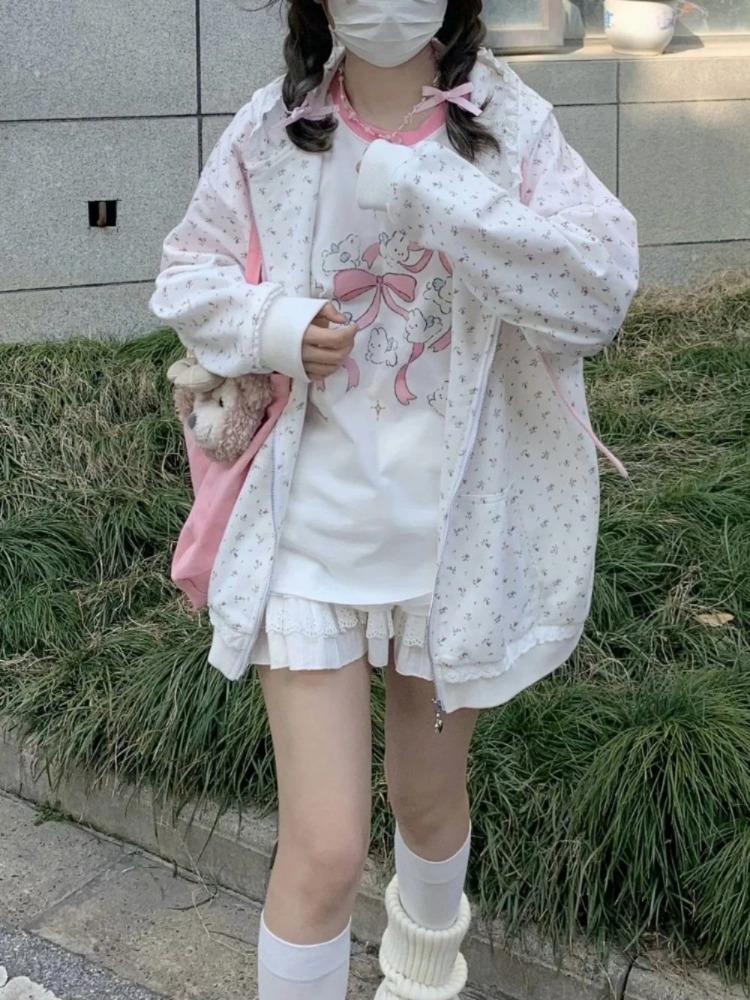 HOUZHOU Kawaii dulce Harajuku Sudadera con capucha mujer moda japonesa encaje Patchwork estampado Floral gato bordado cremallera Sudadera con capucha