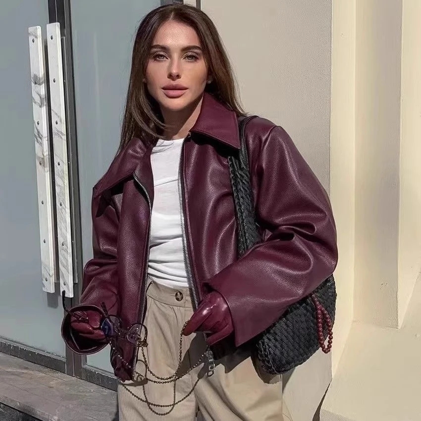 Herbst Winter Retro Leder Jacke 2025, Neue Frauen Pu Leder Jacke Kurze Revers Motorrad Lose Mantel Frauen Biker Leder Mantel