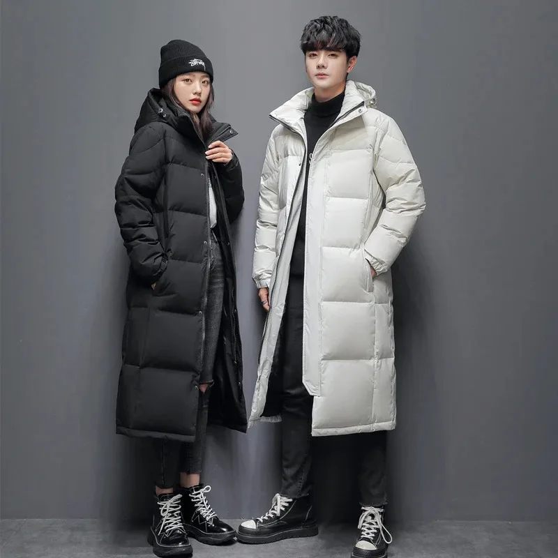 ฤดูหนาวสีขาวลงเสื้อแจ็คเก็ตผู้ชายผู้หญิง Hooded หนา Over-the-Knee PUFFER JACKET Man เสื้อกันหนาวคู่ลงเสื้อ