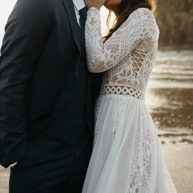 Hippie Boho Beach Elopement 백리스 웨딩 원피스, 맞춤형 긴 소매 쉬폰, 빅 사이즈 사진 촬영, V넥 레이스 신부 가운