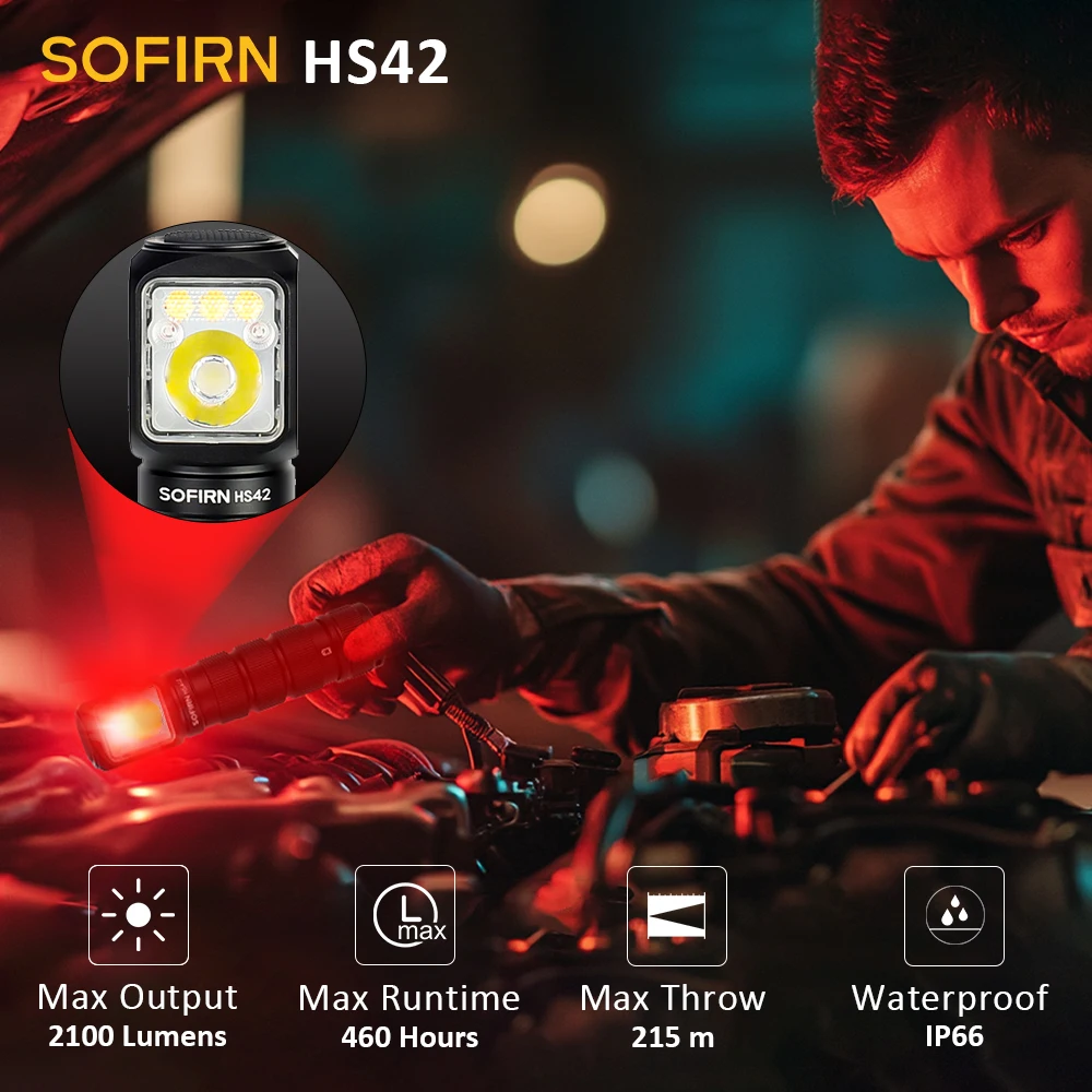 （CODE:BXGASF005）SOFIRN-linterna de luz roja LED, HS42, 2100lm, 6000K, 3000mah, recargable por USB C