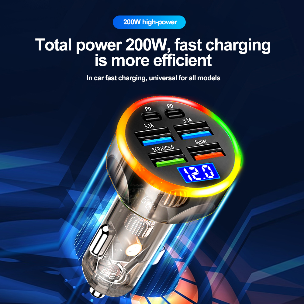 Szybka ładowarka samochodowa 250W 6 portów Quick Charge PD Type C USB A Adapter Transparent Case dla iPhone 15 16 Pro Samsung S24 Xiaomi Poco