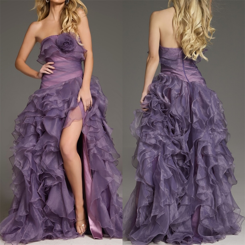 Moda personalizada sexy organza plissado ruched flor artesanal a linha sem alças vestidos longos sob medida vestidos de ocasião retro