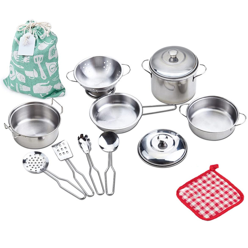 Kids 'Toy Pots and Panelas Play Set, Panelas de cozinha, Mini Utensílios De Cozinha Em Aço Inoxidável, Desenvolvimento Brinquedos