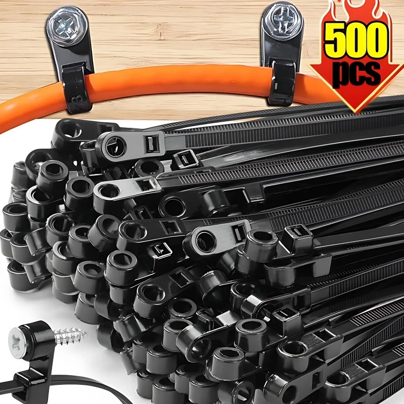 500/100 個のネジ穴ケーブルタイ再利用可能な固定ナイロンケーブルタイセルフロックコードタイストラップ固定ループオフィスオーガナイザー