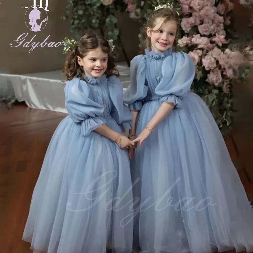 Grey Blue Flower Girl Dress For Wedding High Neck 3/4 Sleeves Tulle Puffy Kids Birthday Party Baby First Communion Pageant Gown