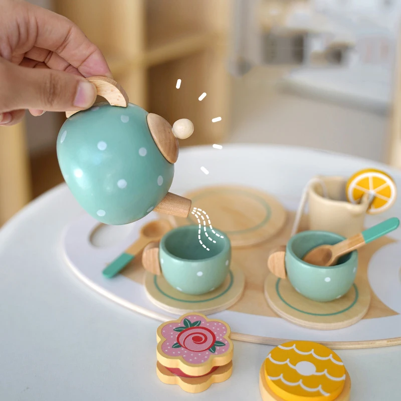 Tea Party Tableware ไม้หัตถกรรมของเล่น Pretend Play ชุดสําหรับเด็กวัยหัดเดินเด็กของขวัญวันเกิดโปรดปรานของเล่นของขวัญ