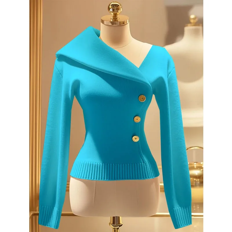 อารมณ์Elegant Niche Slim Fitสีทึบถักผู้หญิงฤดูใบไม้ร่วง2024ใหม่ไม่สมมาตรLapelเสื้อกันหนาวPullover
