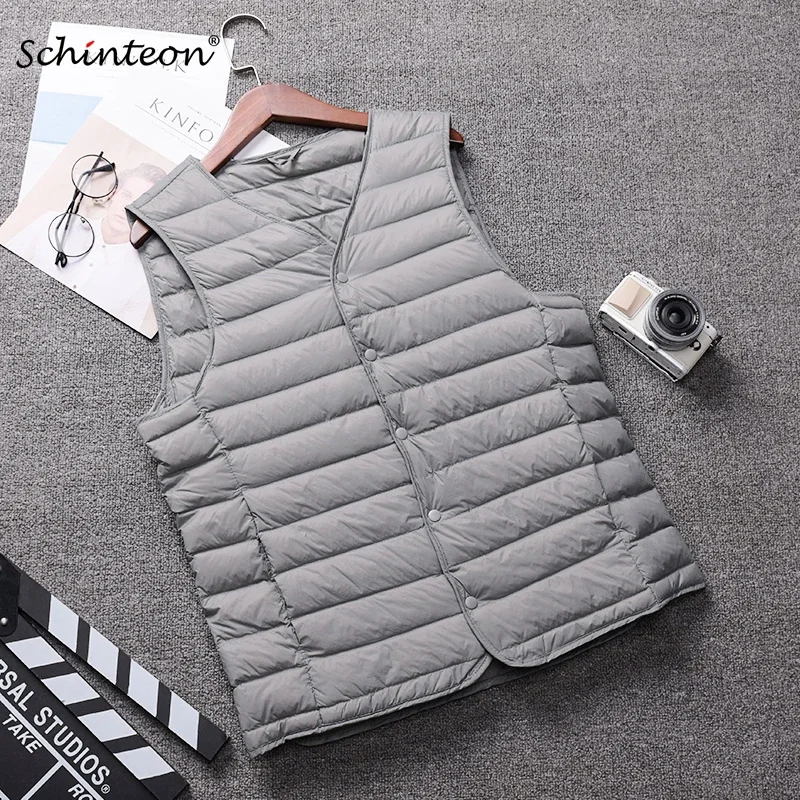 Schinteon Männer Licht Unten Weste Gielt Casual Weste Frühling Herbst Weiße Ente Unten Jacke Männlichen V-ausschnitt Ärmellose Mantel Liner Weste