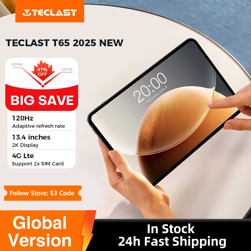 Планшет Teclast T65 13,4 дюйма, 2K, 120 Гц, Dsiplay Unisoc T7280, восьмиядерный процессор, макс. 20 ГБ ОЗУ, 128 ГБ ПЗУ, 8000 мАч, аккумулятор, планшеты Android 15 Lte