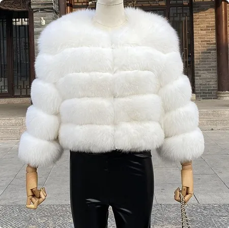 Women Faux Fur Fox Coats Thick Warm Coat White Jacket Warm Thick Open Stitch Elegant Splice Maxi Work Slim Fit Autumn Winter