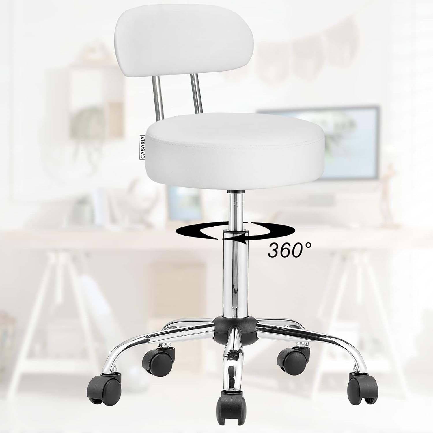 Taburete con Ruedas Respaldo Altura Ajustable 46-60cm 360o Asiento 10 cm Blanco