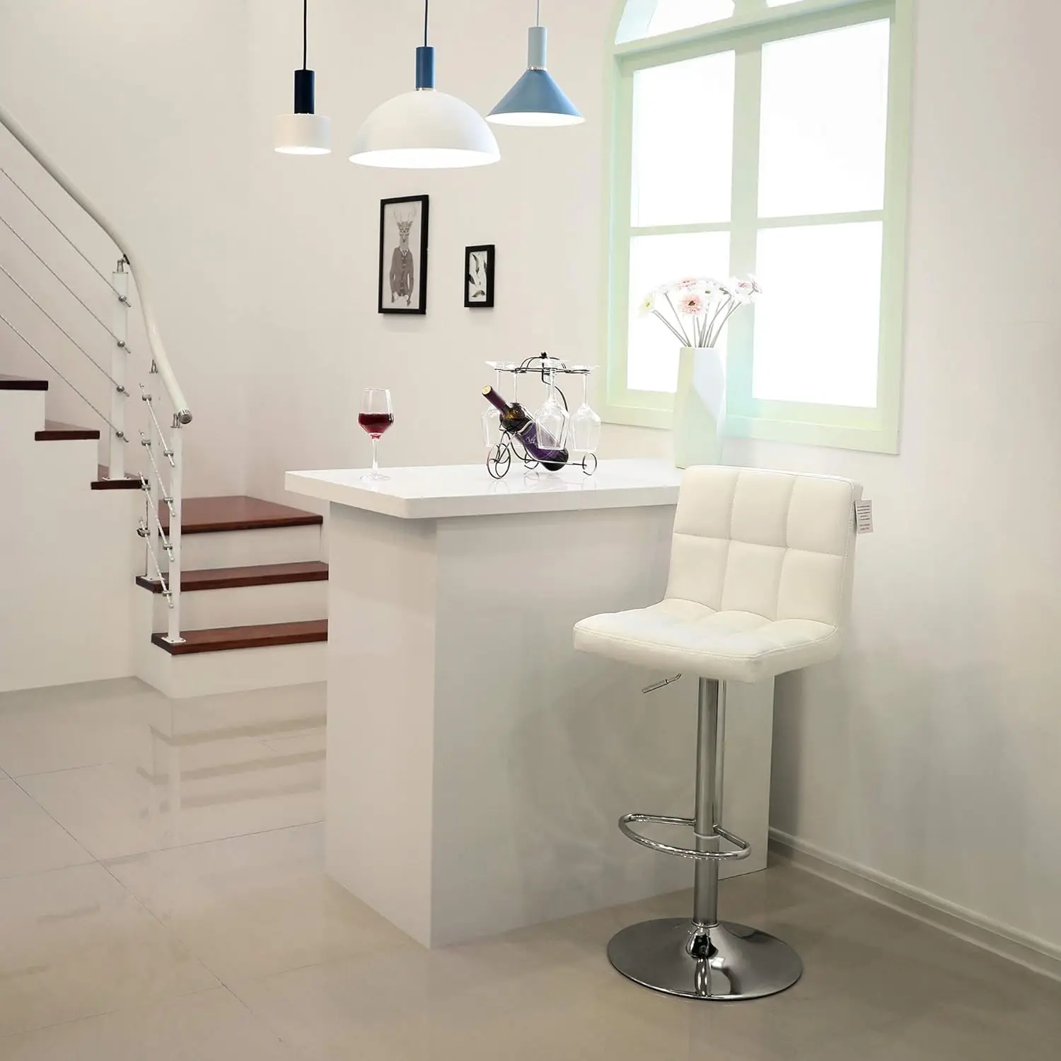 Sillas Bar Regulables en Altura en Piel Sintética,Taburete cocina Giratorio en 360 °   con Respaldo y Silla Reposapiés