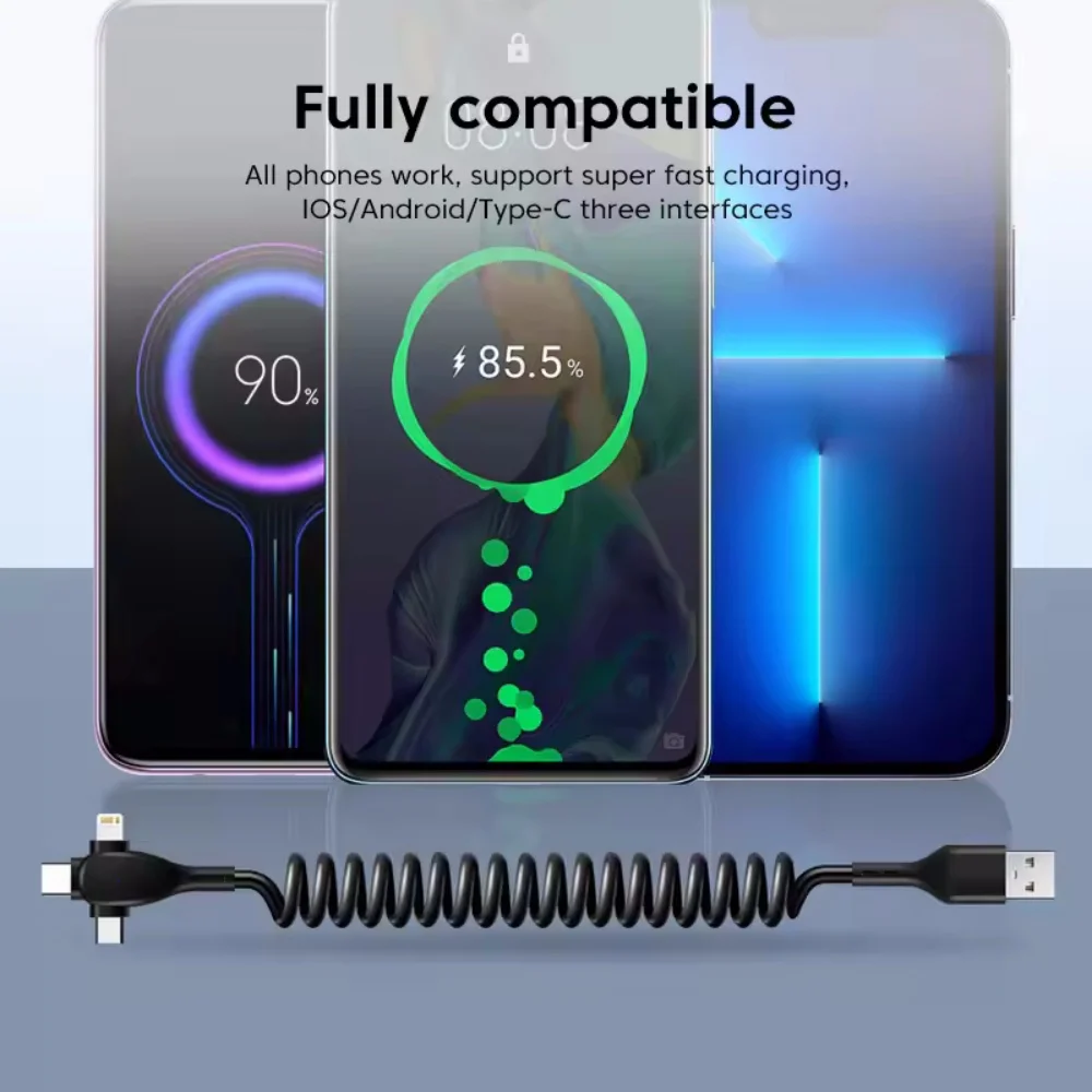 120W 3-in-1 Mobile phone Fast Charging Data Cable For iPhone Huawei Xiaomi Super Fast Charging Spring Retractable Data Cable